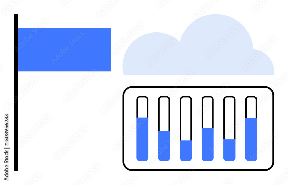 Blue flag, cloud, and bar graph of test tubes. Ideal for data analytics, storage, cloud services, science, innovation, research tests simple landing page Blue flag, cloud, and bar graph of test tubes. Ideal for data analytics, storage, cloud services, science, innovation, research tests simple landing page