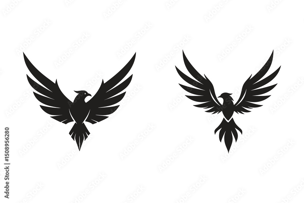 Fototapeta premium Silhouette Bird Icon, mythical phoenix bird silhouette with wide open wings in flight pose vector style, Bird icon