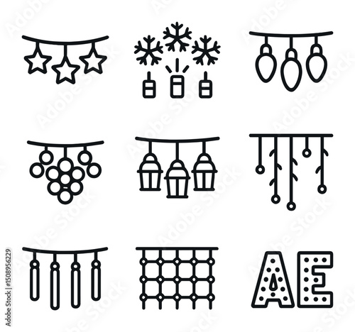 Holiday Lights Icon Set. Outline icon set of novelty holiday lights: star string lights, snowflake projectors, color-changing