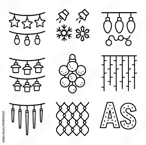 Holiday Lights Icon Set. Outline icon set of novelty holiday lights: star string lights, snowflake projectors, color-changing
