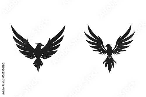 Silhouette Bird Icon, mythical phoenix bird silhouette with wide open wings in flight pose vector style, Bird icon