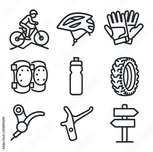 Mountain Biking Icons. Outline icon set of man mountain biking: mountain bike, helmet, gloves, knee pads, water bottle, rugged