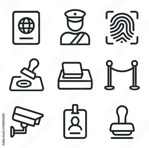 Passport Control Icons. Outline icon set of passport control at border: passport booklet, immigration officer, fingerprint scanner