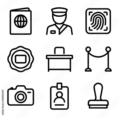 Passport Control Icons. Outline icon set of passport control at border: passport booklet, immigration officer, fingerprint scanner