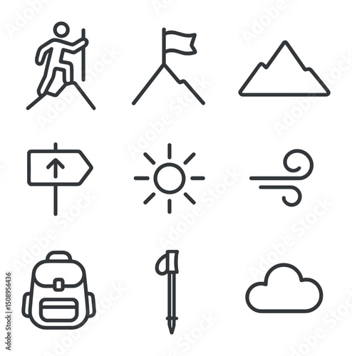 Mountain Runner Icons. Outline icon set of mountain summit runners: runner on peak, planted flag, mountain silhouette, altitude