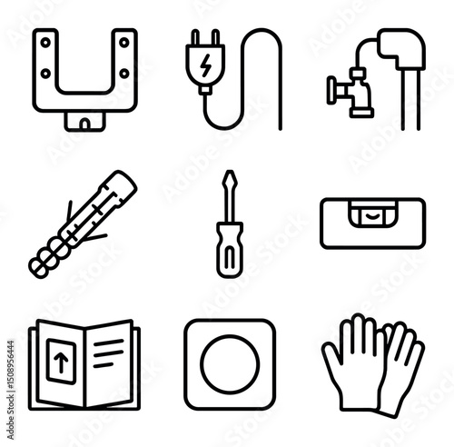 Home Appliance Installation Icons. Outline icon set of home appliance installation: mounting bracket, power cord, water inlet,