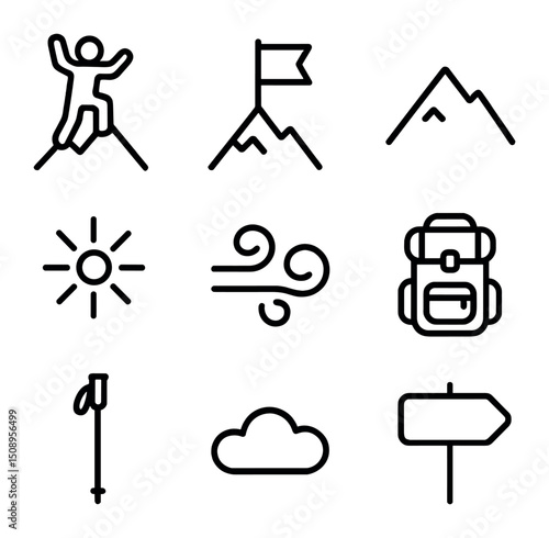 Mountain Runner Icons. Outline icon set of mountain summit runners: runner on peak, planted flag, mountain silhouette, altitude