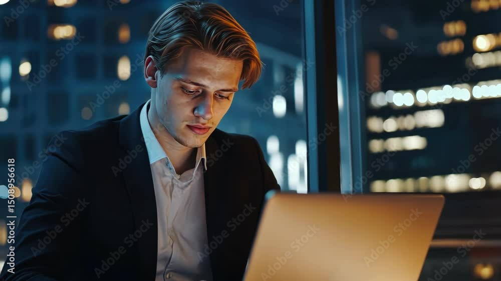 custom made wallpaper toronto digitalOne young adult man in suit working on laptop at night with city view. Technology, business, and communication concepts. Modern office.