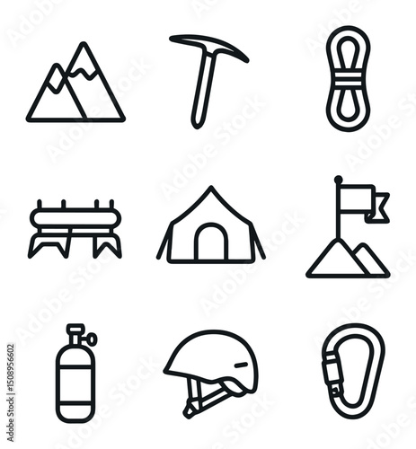 Mountaineering Icon Set. Outline icon set of mountaineering history: mountain peak, ice pick, rope coil, crampon, base camp tent,