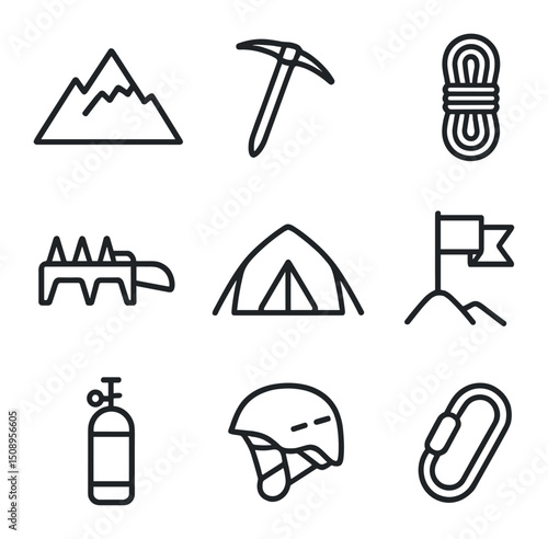 Mountaineering Icon Set. Outline icon set of mountaineering history: mountain peak, ice pick, rope coil, crampon, base camp tent,