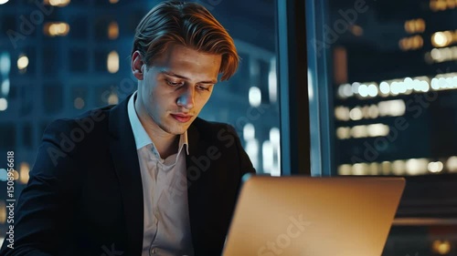 Wallpaper Mural One young adult man in suit working on laptop at night with city view. Technology, business, and communication concepts. Modern office. Torontodigital.ca