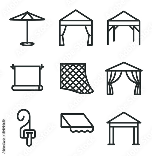 Outdoor Shading Icons. Outline icon set of outdoor shading solutions: patio umbrella, canopy with