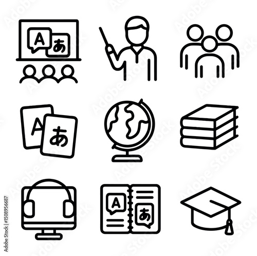 Multilingual Education Icons. Outline icon set of multilingual education: language classroom, teacher pointer, student group,