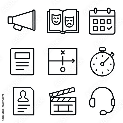 Performance Icon Set. Outline icon set of performance direction and rehearsal: director megaphone,