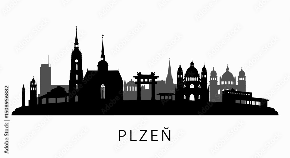 Fototapeta premium Plzen with Czech Republic Skyline Silhouette Vector.