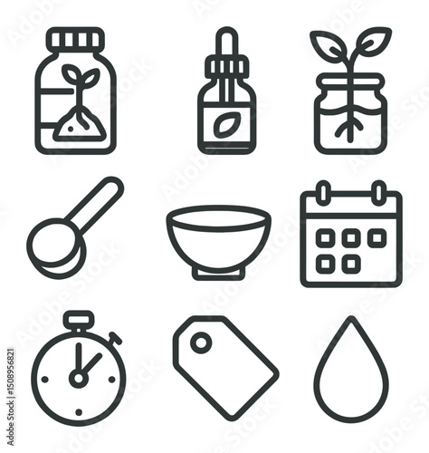 Hormonal Treatment Icons. Outline icon set of hormonal treatments: rooting hormone powder, liquid hormone solution, dip jar,