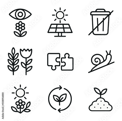 Permaculture Principles Icons. Outline icon set of permaculture principles: observe and interact,