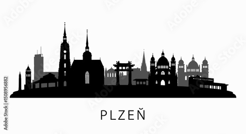 Plzen with Czech Republic Skyline Silhouette Vector.