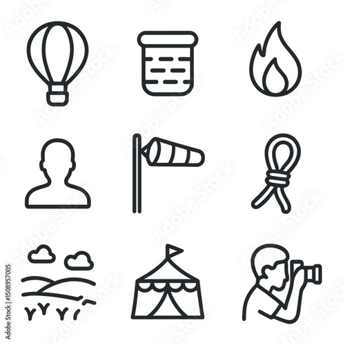 Hot Air Balloon Icons. Outline icon set of hot air balloon festival: hot air balloon, wicker basket, burner flame, pilot