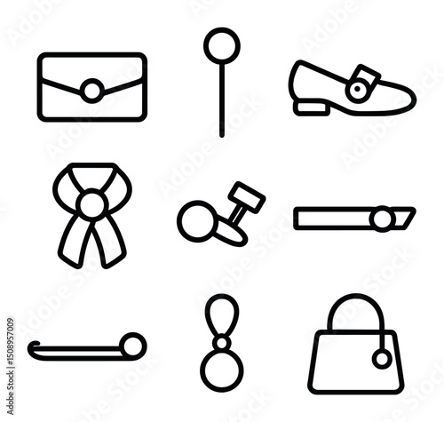Pearl Accessory Icons. Outline icon set of pearl in fashion accessories: clutch bag, hat pin, shoe buckle, belt loop, scarf ring,