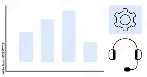 Bar chart represents data analysis and growth trends alongside a gear symbol for settings or productivity and a headset for customer support. Ideal for analytics, service, management, solutions