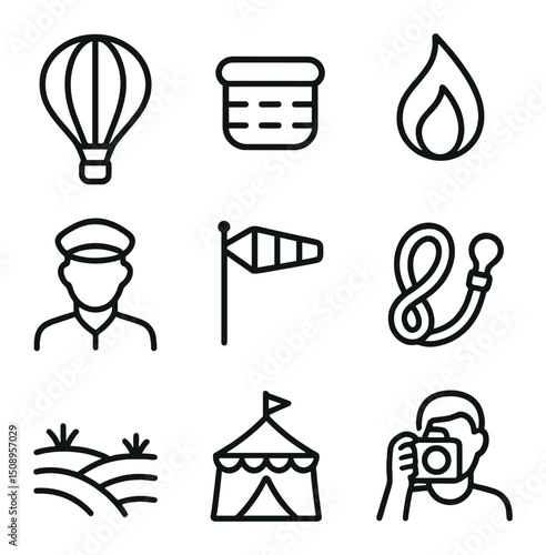 Hot Air Balloon Icons. Outline icon set of hot air balloon festival: hot air balloon, wicker basket, burner flame, pilot