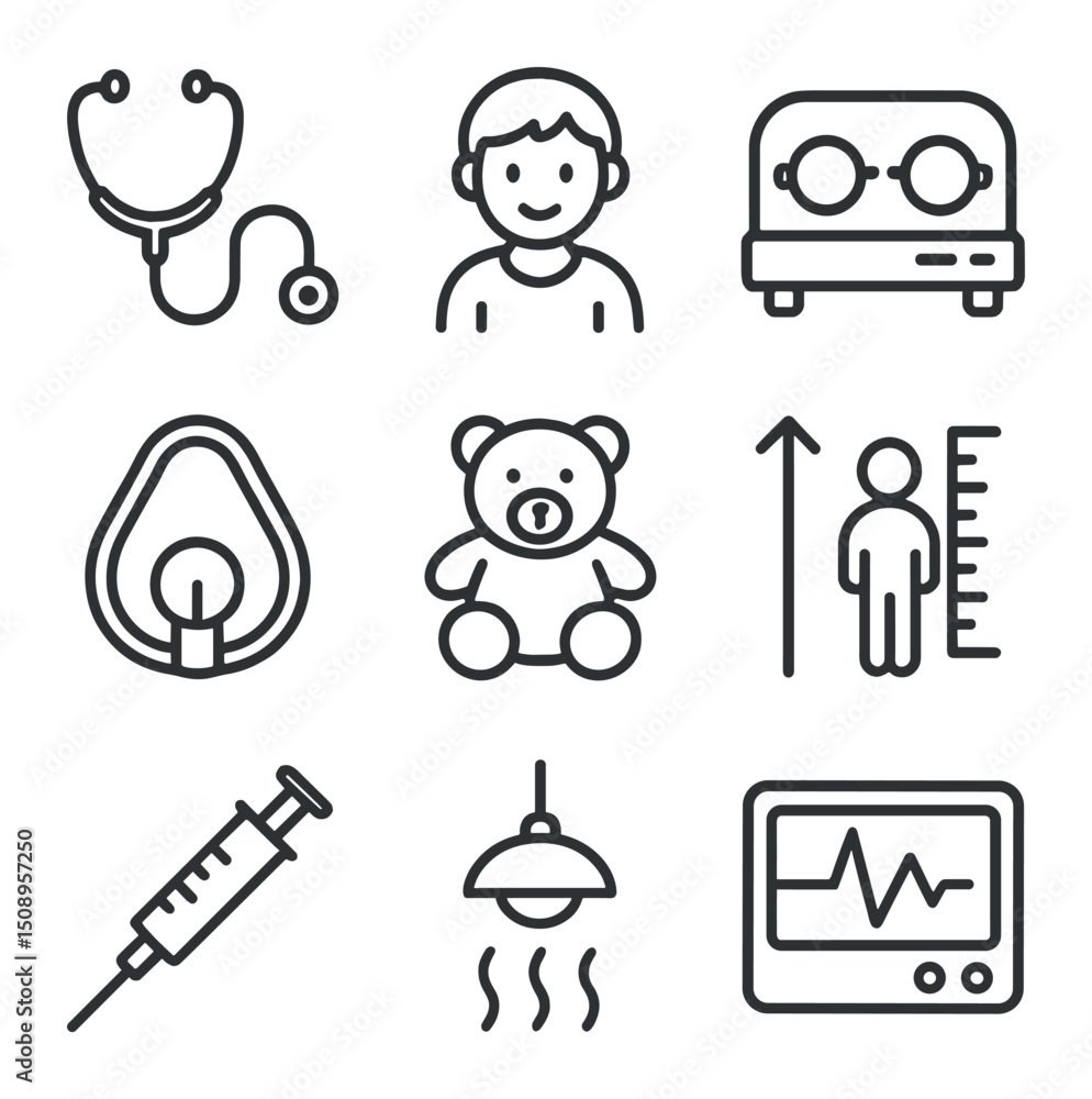 Fototapeta premium Pediatric Emergency Icons. Outline icon set of pediatric emergency care: pediatric stethoscope, child patient, neonatal incubator,