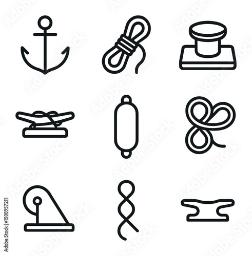 Nautical Icon Set. Outline icon set of anchoring and mooring: anchor fluke, anchor rode, mooring bollard, cleat hitch, fender,