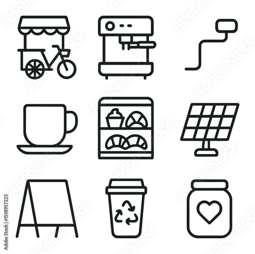 Pedal Café Icon Set. Outline icon set of pedal-powered café pop-up: mobile cart, espresso machine, crank handle, coffee cup,