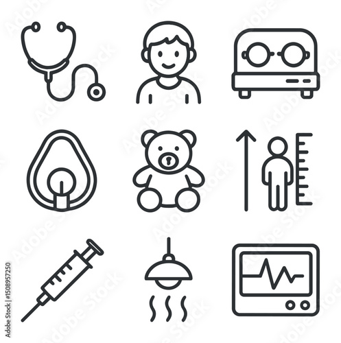Pediatric Emergency Icons. Outline icon set of pediatric emergency care: pediatric stethoscope, child patient, neonatal incubator,