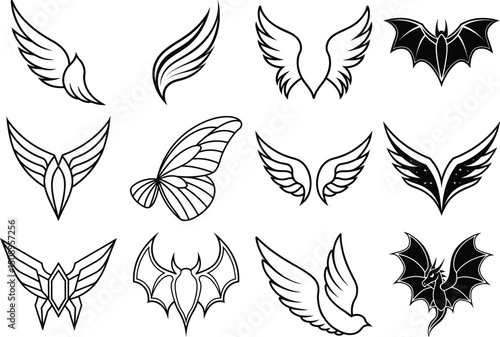 Sat of vector wings on white background 