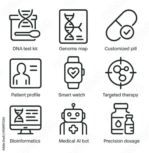 Personalized Medicine Icons. Outline icon set of personalized medicine: DNA test kit, genome map,