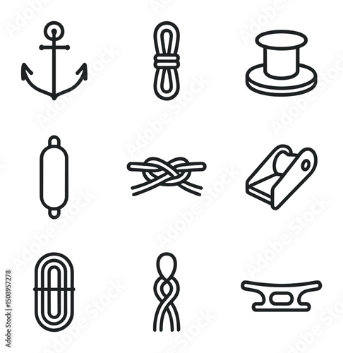 Nautical Icon Set. Outline icon set of anchoring and mooring: anchor fluke, anchor rode, mooring bollard, cleat hitch, fender,