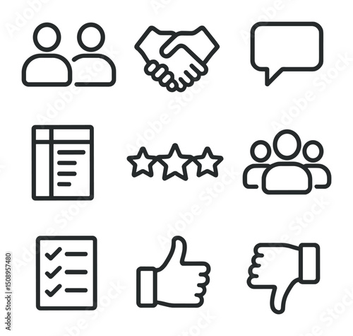 Peer Assessment Icons. Outline icon set of peer assessment activities: two avatars, handshake, comment bubble, rubric sheet, star