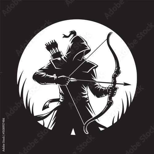 A hooded archer in silhouette aiming bow and arrow against a white circle on black background