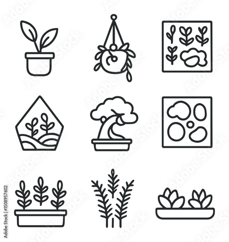 Indoor Greenery Icons. Outline icon set of indoor greenery: potted plant, hanging planter, green wall panel, terrarium, bonsai