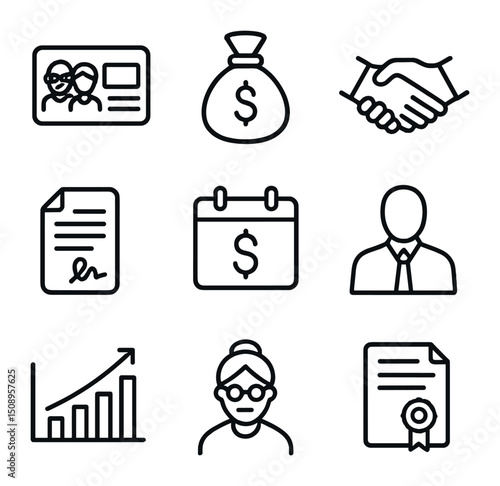 Pension Icons Grid. Outline icon set of pension schemes and plans: pension card, retirement fund, handshake agreement, contract