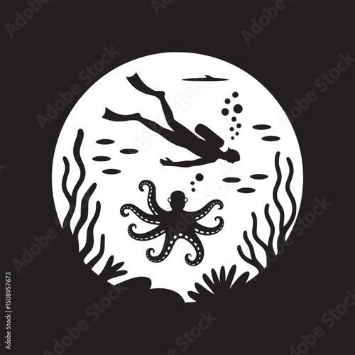 A silhouette of a diver swimming with an octopus in a circular frame against a black background
