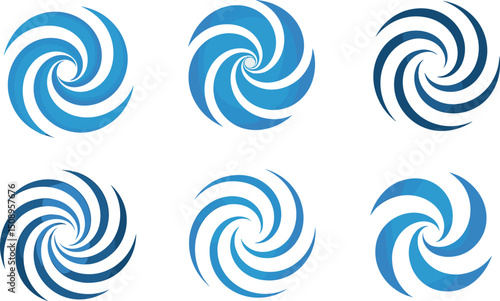 Abstract blue spiral swirl logos set, modern circular vortex icons, dynamic rotation symbols, vector design elements, creative branding shapes, digital wave patterns, vector.