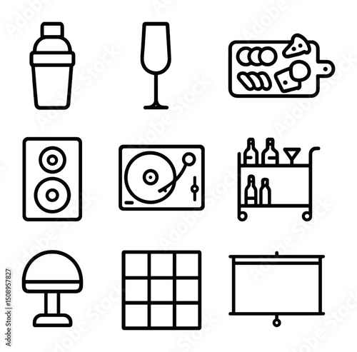 Penthouse Party Icons. Outline icon set of penthouse entertaining essentials: cocktail shaker, champagne flute, charcuterie board,