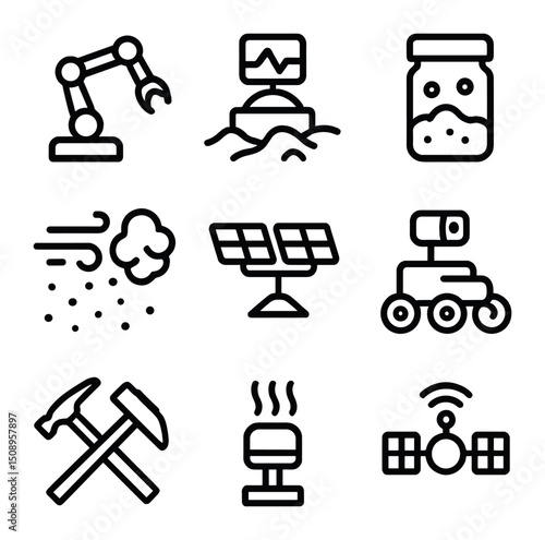 Planetary Exploration Icons. Outline icon set of planetary surface exploration: robotic arm, terrain