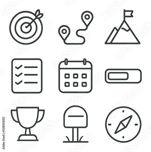 Personal Goals Icons. Outline icon set of personal goal setting: target, roadmap, flag on mountain, checklist, calendar, progress