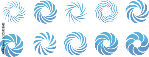 Abstract blue circular swirl logo design set with modern dynamic vortex shapes, spiral patterns and rotation icons, creative branding elements for technology and innovation projects, vector.