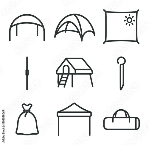 Portable Sun Shelter Icons. Outline icon set of portable sun shelters: beach canopy, foldable shade