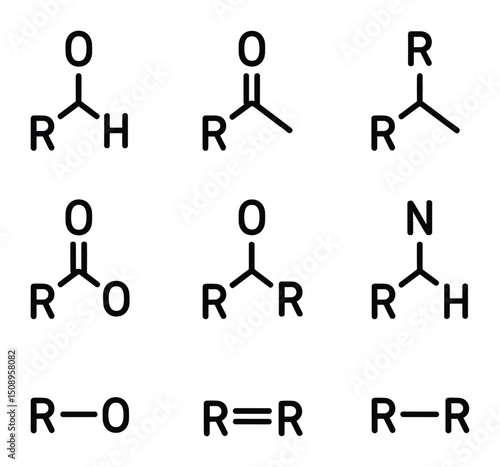 Organic Functional Icons. Outline icon set of organic functional groups: alcohol group, aldehyde group, ketone group, carboxylic