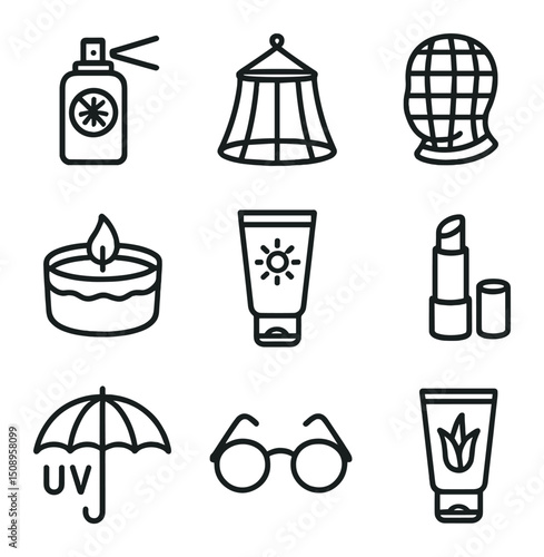 Insect and Sun Protection Icons. Outline icon set of insect and sun protection: insect repellent spray, mosquito net, headnet,