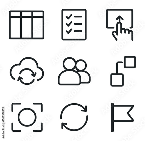 Productivity Tools Icons. Outline icon set of productivity dashboard tools: kanban board, checklist