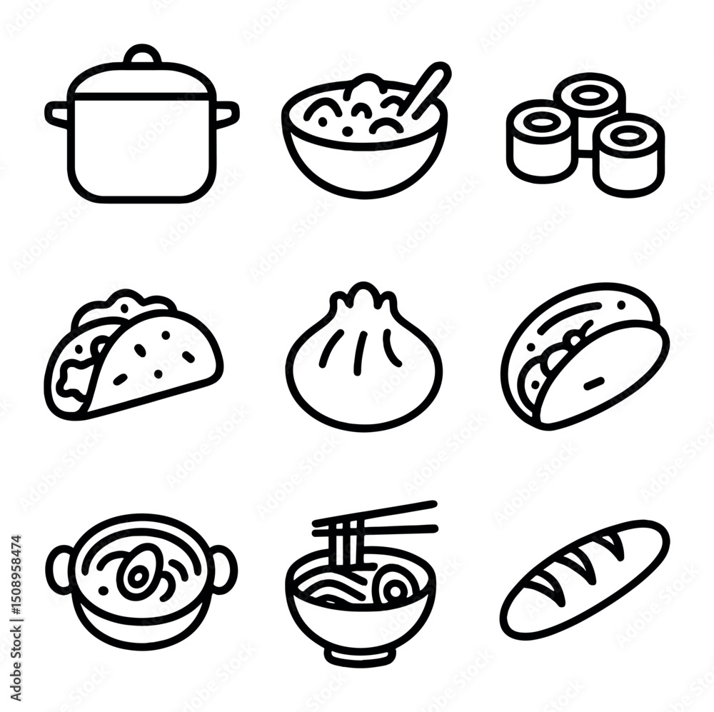 International Lockdown Recipes. Outline icon set of international lockdown recipes: pasta pot, curry bowl, sushi roll, taco, International Lockdown Recipes. Outline icon set of international lockdown recipes: pasta pot, curry bowl, sushi roll, taco,