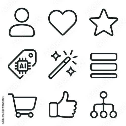 Personalized Recommendation Icons. Outline icon set of personalized recommendations: user silhouette, heart, star, tag with AI
