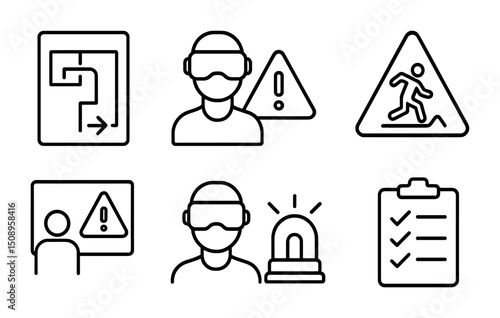 Safety and navigation icons for workplace training and emergencies